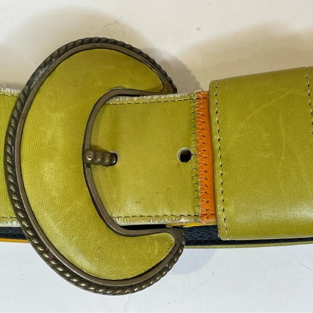Vintage Alden‎ Howard Women’s Boho Stylish Green and Yellow Leather Belt Size S